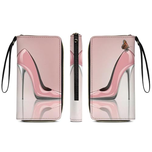 Anceky Stilvolle Geldbörse für Damen, wasserdichte Reisekartenhülle mit Reißverschluss, Elegante rosa High Heels, Schmetterling, mehrere Kartenfächer von Anceky