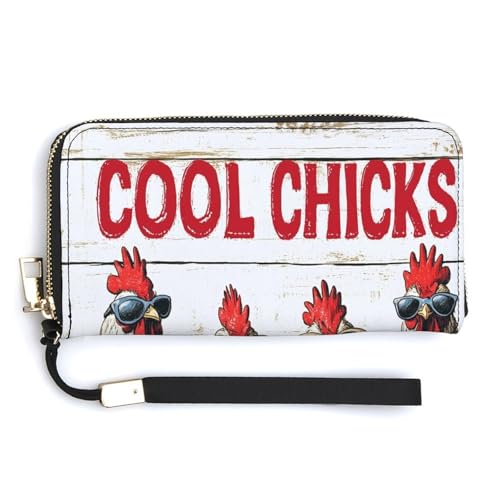 Anceky Vier Hühner tragen Sonnenbrillen, PU-Leder-Clutch, Lange zweifach gefaltete Geldbörse, Münzbörse, Kreditkartenetui, langlebiger Kartenhalter, Geldaufbewahrung für Damen und Herren von Anceky