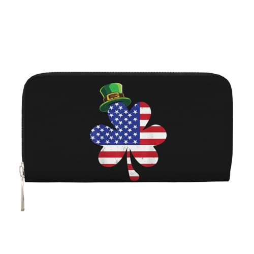 Anceky Vierblättriges Kleeblatt, amerikanische Flagge, St. Patricks Day, Geschenke, PU-Leder-Geldbörse für Damen und Herren, Kreditkarten-Geldbörse, Lange Clutch, Geldbörse mit Reißverschluss von Anceky