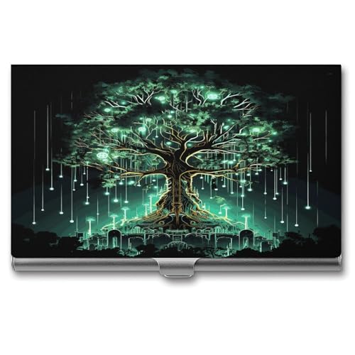 Visitenkartenetui, Schnallen-Stil, geschlossener Visitenkartenhalter aus Metall, magisch grün, mit Baumaufdruck, schmale Geldbörse, Namenskartenhalter für Visitenkarten, Herren und Damen von Anceky