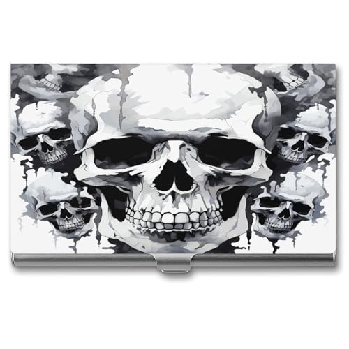 Visitenkartenetui, Schnallen-Stil, geschlossener Visitenkartenhalter aus Metall, weiß und grau, Totenkopf-Grafikdruck, schmale Geldbörse, Namenskartenhalter für Visitenkarten, Herren und Damen von Anceky