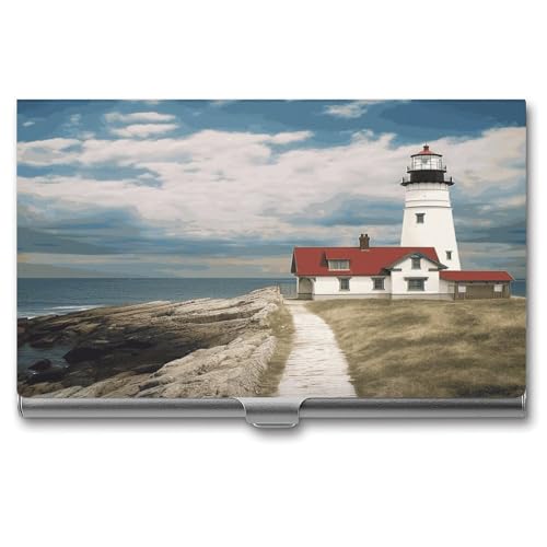 Visitenkartenetui im Schnallenstil, geschlossener Visitenkartenhalter aus Metall, mit Leuchtturm-Hintergrunddruck, schmale Geldbörse, Namenskartenhalter für Visitenkarten, Herren und Damen von Anceky