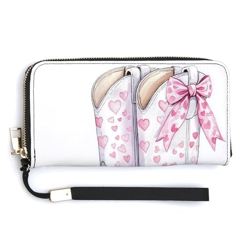 Weiße Cowgirl-Stiefel mit rosa Herzmuster, langes, zweifach gefaltetes Portemonnaie aus PU-Leder, Münzbörse, Kreditkartenetui, robuster Kartenhalter, Geldaufbewahrung für Damen und Herren von Anceky