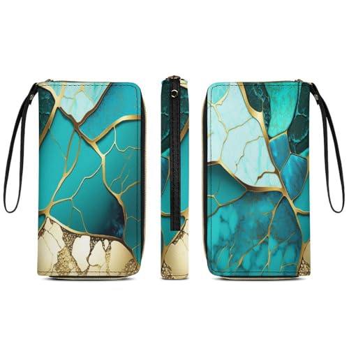 Anceky wasserdichte Geldbörse für Damen, Lange Clutch aus PU-Leder, Reisegeldbörse, Gold-Glitzer, Marmor, Türkis, luxuriöse Textur, großes Fassungsvermögen, Ausweishalter mit Reißverschluss von Anceky