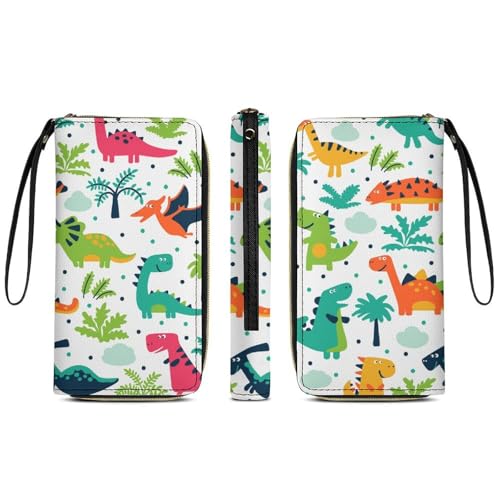 Anceky wasserdichte Geldbörse für Damen, PU-Leder, Lange Clutch, Reisegeldbörse, süße lustige Cartoon-Dinosaurier, großes Fassungsvermögen, Ausweishalter mit Reißverschluss von Anceky