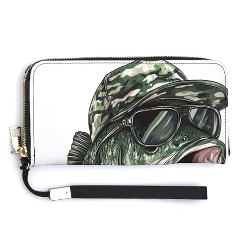 Bassfisch mit Camouflage-Baseballkappe und Sonnenbrille, PU-Leder-Clutch, lange zweifach faltbare Geldbörse, Münzbörse, Kreditkartenetui, robuster Kartenhalter, Geldaufbewahrung für Damen und Herren Bassfisch mit Camouflage-Baseballkappe und Sonnenbrille, PU-Leder-Clutch, lange zweifach faltbare Geldbörse, Münzbörse, Kreditkartenetui, robuster Kartenhalter, Geldaufbewahrung für Damen und Herren von Anceky