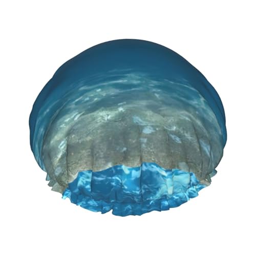 Blauer, gewellter Meereslandschaftsdruck, exquisite Duschhaube für Damen, leicht, weich, doppelt wasserdicht, Badehut Blauer, gewellter Meereslandschaftsdruck, exquisite Duschhaube für Damen, leicht, weich, doppelt wasserdicht, Badehut von Anceky