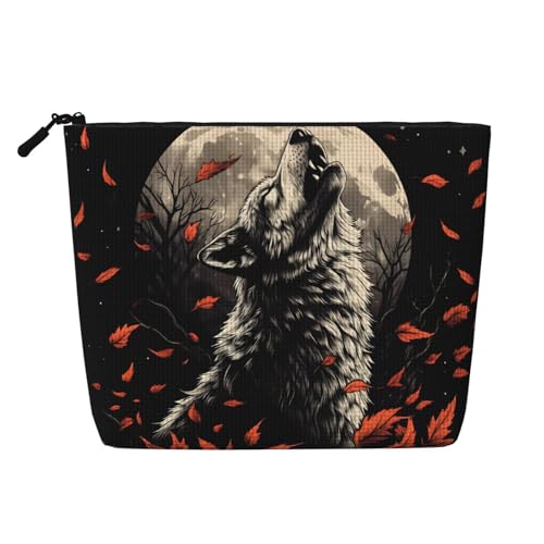 Coole Kosmetiktasche mit Wolf- und Mondblume, modische Make-up-Tasche für Frauen, Weihnachts- und Geburtstagsgeschenke, Toilettenartikel-Zubehör von Anceky