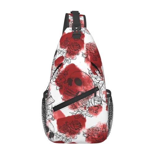 Cross-Brusttasche mit romantischen Rosen und Totenköpfen, diagonale Wander-Crossbody-Tasche, Reise-Schulter-Tagesrucksack, leichter Sling-Rucksack, Fahrrad-Tagesrucksäcke, Fitness-Brustrucksäcke von Anceky