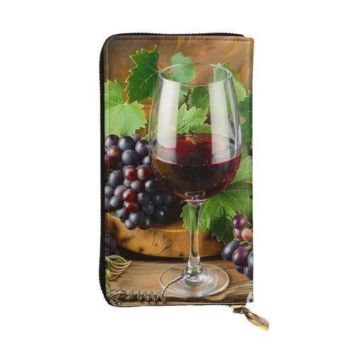Damen-Geldbörse aus Leder – Kunst-Rotwein-Gläser und Trauben-Drucke, Münzgeldbörse, Reisekartenhalter, Reißverschluss-Geldbörse, Handy-Handtasche von Anceky