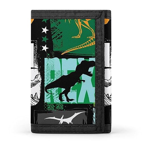 Dreifach gefaltete Geldbörse mit nahtlosem Dinosaurier-Muster, Grün, Weiß, Schwarz, Gelb, Türkis, Patchwork, stilvolle Geldbörse mit Schlüsselanhänger, Kreditkartenetui, Kartenhalter für Rechnungen, Q von Anceky