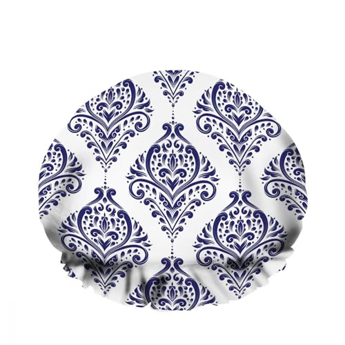Duschhaube mit Blumenmuster, blau-weiß, eleganter Damast-Stil, umweltfreundlich, Haar-Badehauben für Damen, wiederverwendbar, wasserdicht von Anceky