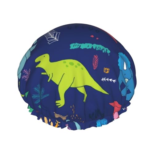 Duschhauben für Damen mit Dinosaurier-Abenteuer mit Palmen und tropischen Blättern, wiederverwendbar, wasserdicht, weich, doppelte Schutzschichten von Anceky
