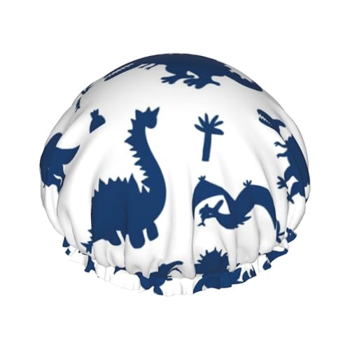 Duschhauben für Damen mit niedlichem Cartoon-Dinosaurier-Muster in Blau mit Silhouetten-Muster, wiederverwendbar, wasserdicht, weich, doppelte Schutzschichten von Anceky