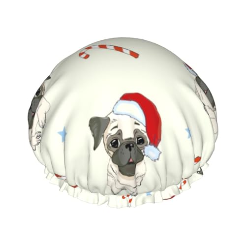 Duschhauben mit Weihnachts-Mops-Hund für Damen, wiederverwendbar, wasserdicht, weich, doppelte Schutzschichten von Anceky