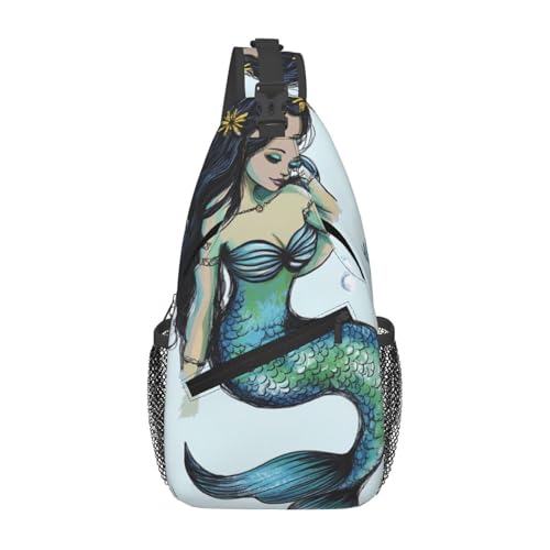 Farbige, schöne Meerjungfrau-bedruckte Sling-Brusttasche für Männer und Frauen, lässiger Crossbody-Sling-Rucksack, Schultertasche für Schule, Wandern, Camping, Reisen, Schwarz, Einheitsgröße, Wanderru von Anceky