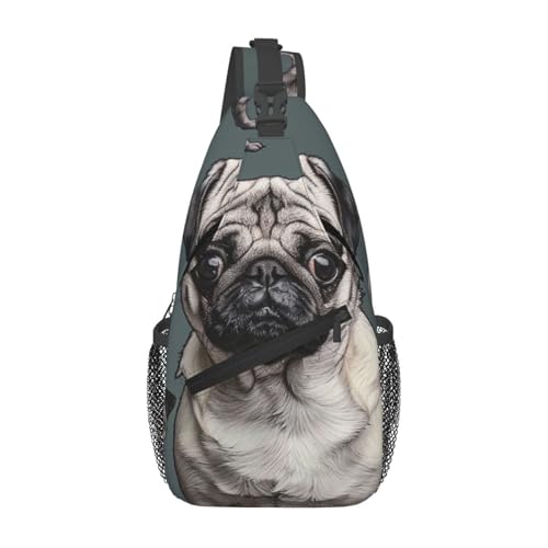 Imagen De Pug Bedruckte Sling-Brusttasche für Männer und Frauen, lässiger Crossbody-Sling-Rucksack, Schultertasche für Schule, Wandern, Camping, Reisen, Schwarz, Einheitsgröße, Wanderrucksack von Anceky