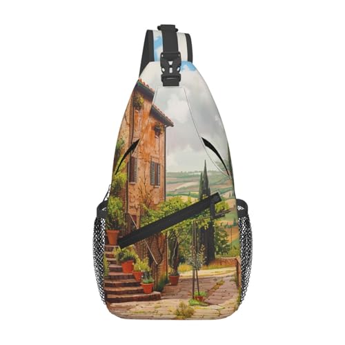 Italien Toskana bedruckte Sling-Brusttasche für Männer und Frauen, lässiger Crossbody-Sling-Rucksack, Schultertasche für Schule, Wandern, Camping, Reisen, Schwarz, Einheitsgröße, lässiger Tagesrucksac von Anceky