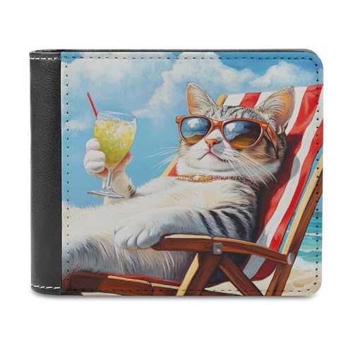 Katze mit Sonnenbrille auf Strandstuhl, weiches PU-Leder, zweifach faltbare Geldbörse, Münzbörse, Kreditkartenetui, langlebiger Kartenhalter, schmale Brieftasche zur Geldaufbewahrung für Männer und Fr von Anceky