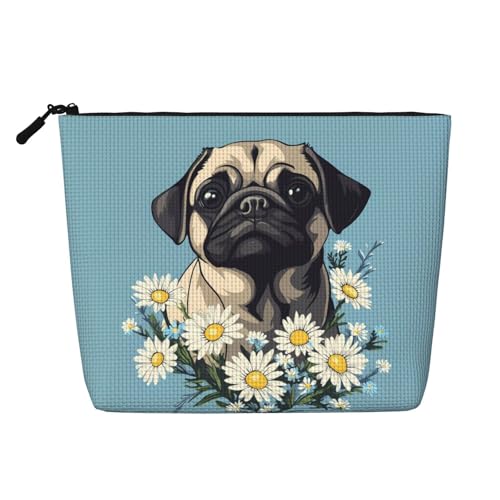 Kosmetiktasche mit Mops-Hund und Gänseblümchen, modische Make-up-Tasche für Frauen, Weihnachts- und Geburtstagsgeschenke, Toilettenartikel-Zubehör von Anceky