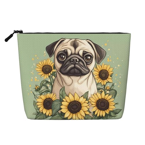 Kosmetiktasche mit niedlichem Mops-Hund und Gänseblümchen, modische Make-up-Tasche für Frauen, Weihnachts- und Geburtstagsgeschenke, Toilettenartikel-Zubehör von Anceky