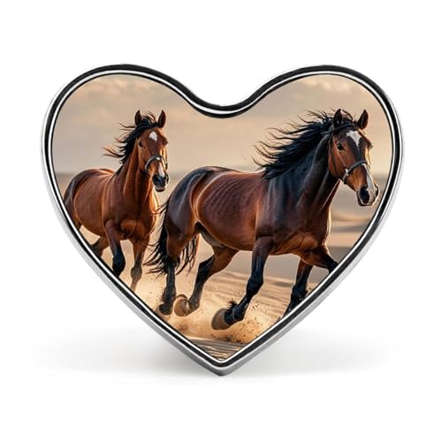 Leichte, langlebige Anstecknadel aus Metall mit im Sand laufenden Pferden, rundes, modisches Herz-Abzeichen für Hemden, Jacken, Hüte von Anceky
