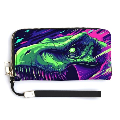Neonfarbene Clutch aus PU-Leder mit wildem Dinosaurier-Motiv, langes, zweifach faltbares Portemonnaie, Münzbörse, Kreditkartenetui, langlebiger Kartenhalter, Geldaufbewahrung für Damen und Herren von Anceky