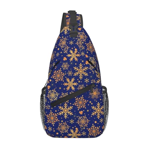 Neujahr Weihnachten Goldene durchbrochene glänzende Schneeflocken Cross-Brusttasche Diagonal Crossbody Bag Reise-Schulter-Tagesrucksack Leichter Sling-Rucksack Fahrrad-Tagesrucksäcke Fitness-Brustruck von Anceky