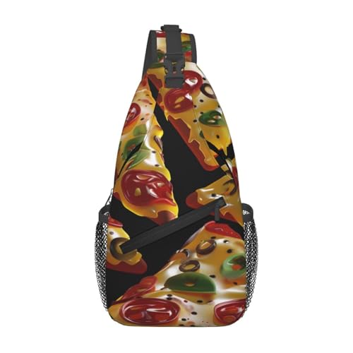 Pizza 3D-gedruckte Sling-Brusttasche für Männer und Frauen, lässiger Crossbody-Sling-Rucksack, Schultertasche für Schule, Wandern, Camping, Reisen, Schwarz, Einheitsgröße, Wanderrucksack von Anceky