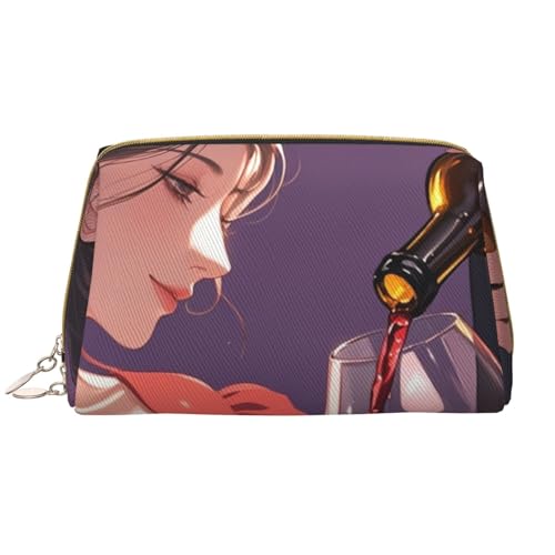 Reise-Make-up-Tasche mit rotem Rosen- und Weinmotiv, romantische Liebespaare, große Make-up-Tasche für Damen, wasserdichte tragbare Tasche, offene Flache Make-up-Tasche von Anceky