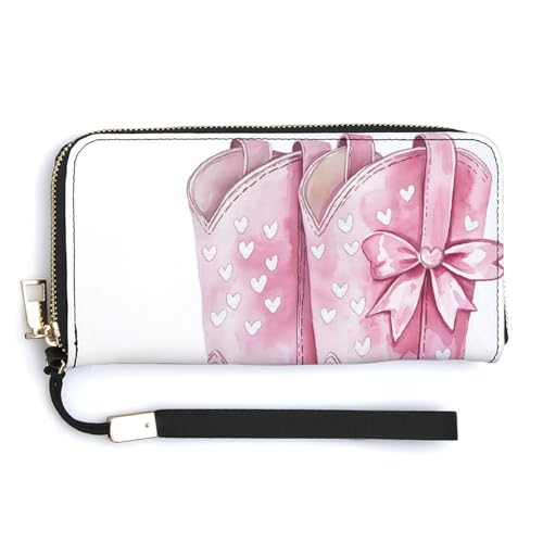 Rosa Cowgirl-Stiefel mit koketten Schleifen, PU-Leder-Clutch, langes zweifach gefaltetes Portemonnaie, Münzbörse, Kreditkartenetui, langlebiger Kartenhalter, Geldaufbewahrung für Damen und Herren Rosa Cowgirl-Stiefel mit koketten Schleifen, PU-Leder-Clutch, langes zweifach gefaltetes Portemonnaie, Münzbörse, Kreditkartenetui, langlebiger Kartenhalter, Geldaufbewahrung für Damen und Herren von Anceky