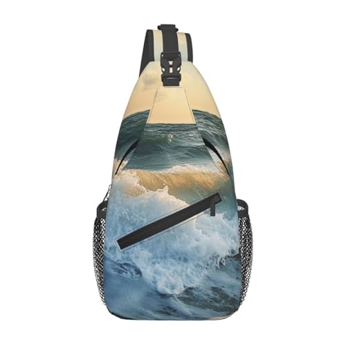 Schöne Sling-Brusttasche mit Meereswellen-Aufdruck für Männer und Frauen, lässiger Crossbody-Sling-Rucksack, Schultertasche für Schule, Wandern, Camping, Reisen, Schwarz, Einheitsgröße, Wanderrucksack von Anceky