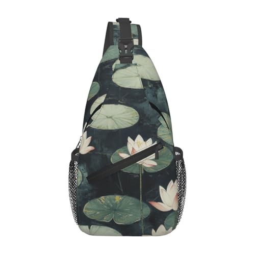 Schwarze, mit Seerosen bedruckte Sling-Brusttasche für Männer und Frauen, lässiger Crossbody-Sling-Rucksack, Schultertasche für Schule, Wandern, Camping, Reisen, Schwarz, Einheitsgröße, Wanderrucksack von Anceky