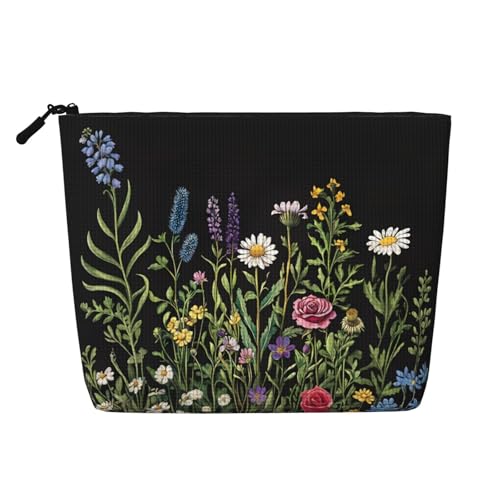 Schwarze Wildblumen-Kosmetiktasche, lässige Make-up-Tasche für Frauen, Weihnachts- und Geburtstagsgeschenke, Toilettenartikel-Zubehör von Anceky
