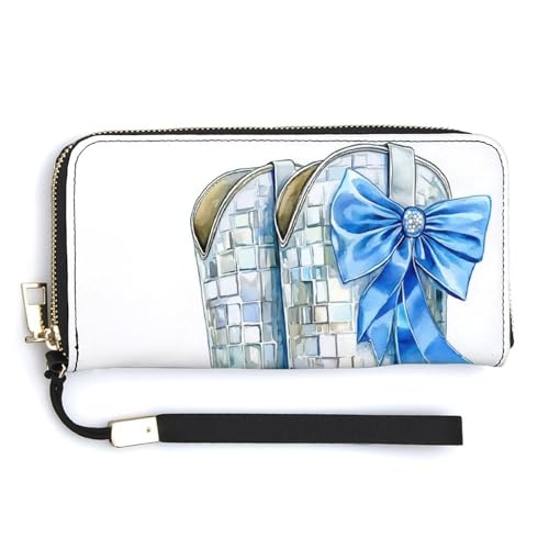 Silberne Cowgirl-Stiefel mit blauer Kokettenschleife, langes, zweifach gefaltetes Portemonnaie aus PU-Leder, Münzbörse, Kreditkartenetui, langlebiger Kartenhalter, Geldaufbewahrung für Damen und Herre Silberne Cowgirl-Stiefel mit blauer Kokettenschleife, langes, zweifach gefaltetes Portemonnaie aus PU-Leder, Münzbörse, Kreditkartenetui, langlebiger Kartenhalter, Geldaufbewahrung für Damen und Herre von Anceky