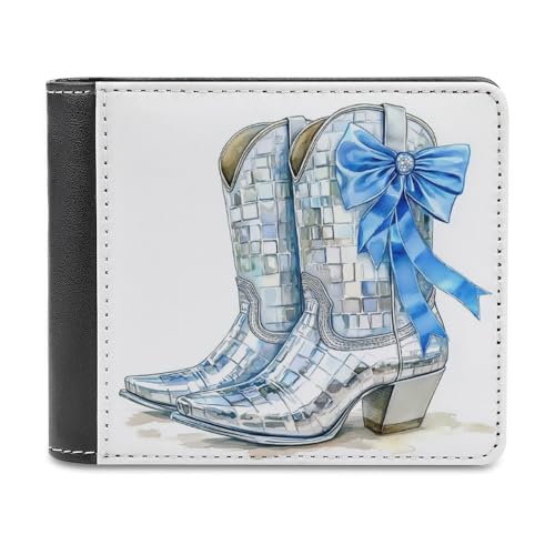 Silberne Cowgirl-Stiefel mit blauer Kokettenschleife, weiches zweifach gefaltetes Portemonnaie aus PU-Leder, Münzbörse, Kreditkartenetui, langlebiger Kartenhalter, schmale Brieftasche für Männer und F von Anceky