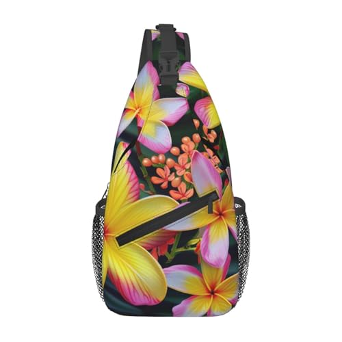Sling-Brusttasche mit Hawaii-Blumen-Aufdruck für Männer und Frauen, lässiger Crossbody-Sling-Rucksack, Schultertasche für Schule, Wandern, Camping, Reisen, Schwarz, Einheitsgröße, Wanderrucksack von Anceky