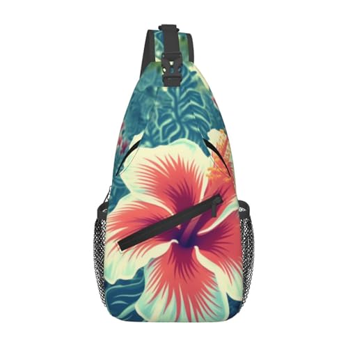 Sling-Brusttasche mit Hawaii-Blumen-Aufdruck für Männer und Frauen, lässiger Crossbody-Sling-Rucksack, Schultertasche für Schule, Wandern, Camping, Reisen, Schwarz, Einheitsgröße, Wanderrucksack von Anceky