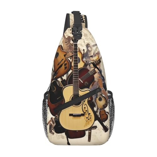 Sling-Brusttasche mit Musikgitarren-Aufdruck für Männer und Frauen, lässiger Crossbody-Sling-Rucksack, Schultertasche für Schule, Wandern, Camping, Reisen, Schwarz, Einheitsgröße, Wanderrucksack von Anceky