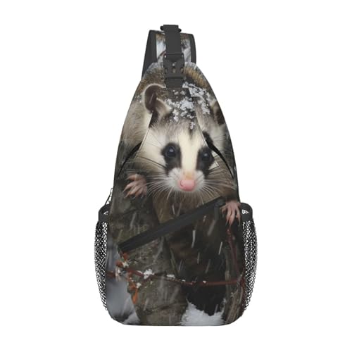 Sling-Brusttasche mit Opossum-in-Schnee-Aufdruck für Männer und Frauen, lässiger Crossbody-Sling-Rucksack, Schultertasche für Schule, Wandern, Camping, Reisen, Schwarz, Einheitsgröße, Wanderrucksack von Anceky