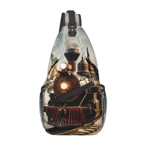 Sling-Brusttasche mit Zug- und Eisenbahn-Aufdruck für Männer und Frauen, lässiger Crossbody-Sling-Rucksack, Schultertasche für Schule, Wandern, Camping, Reisen, Schwarz, Einheitsgröße, lässiger Tagesr von Anceky