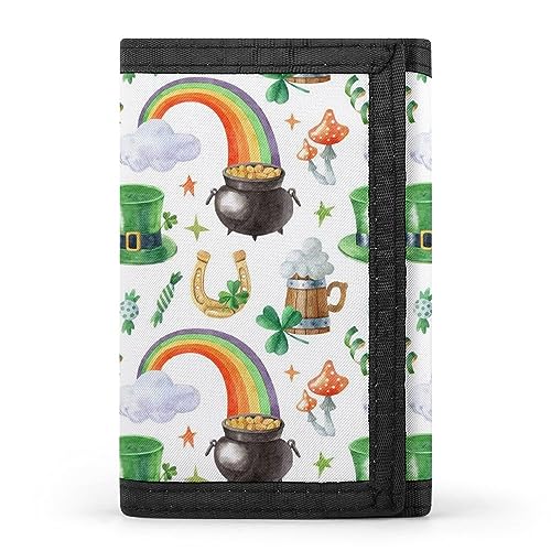 St. Patrick's Kleeblatt-Koboldhut, Topf voll Gold, Regenbogen auf weißem dreifach gefaltetem Portemonnaie, stilvolle Geldbörse mit Schlüsselanhänger, Kreditkartenetui, Kartenhalter für Crash-Rechnunge von Anceky