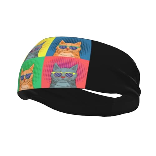 Stirnbänder mit der Katze mit Sonnenbrille für Herren und Damen, rutschfest, feuchtigkeitsableitendes Sport-Schweißband für Fitnessstudio, Basketball, Yoga, Haarbänder von Anceky