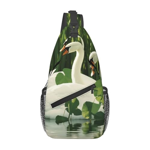 Swan Sling-Brusttasche mit grünem Blätter-Print für Männer und Frauen, lässiger Crossbody-Sling-Rucksack, Schultertasche für Schule, Wandern, Camping, Reisen, Schwarz, Einheitsgröße, Wanderrucksack von Anceky