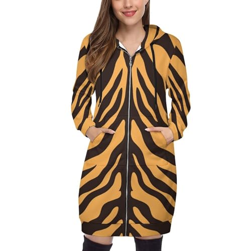 Tiger Stripes Damen Hoodies Retro Zip-Up Hoodie Knielang Lange Kapuze Braun Herbstjacken von Anceky