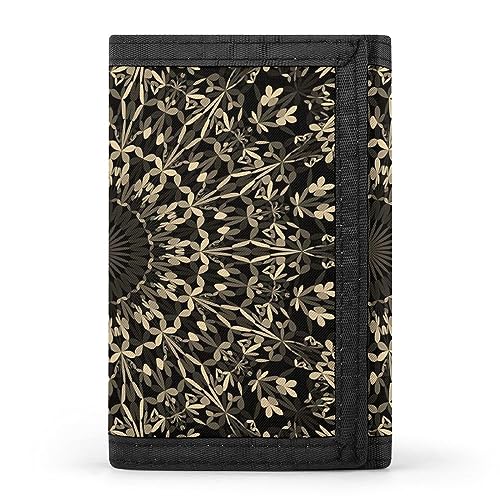 Vintage Retro Abstraktes Mandala Bohemian Blumenmuster auf schwarzer dreifach gefalteter Geldbörse, stilvolle Geldbörse mit Schlüsselanhänger, Kreditkartenetui, Kartenhalter für Crash-Rechnungen, Quit von Anceky