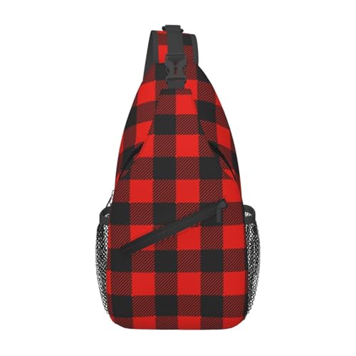 Vintage Rot Schwarz Holzfäller Plaid Cross Brusttasche Diagonal Wandern Crossbody Bag Reise Schulter Tagesrucksack Leichter Sling Rucksack Radfahren Tagesrucksäcke Fitness Brust Rucksäcke von Anceky