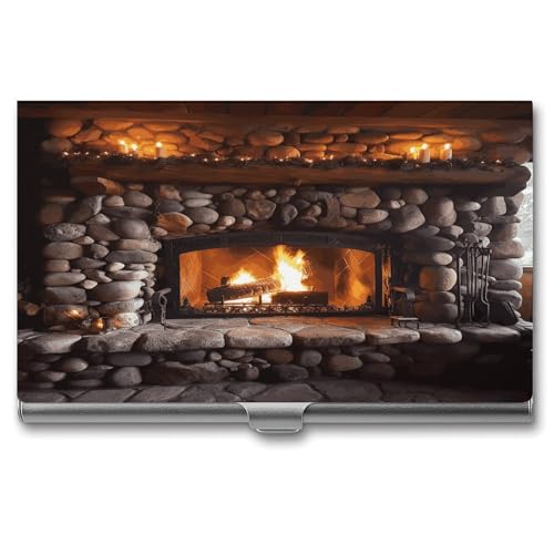 Visitenkartenetui, Schnallen-Stil, geschlossen, Metall, Visitenkartenhalter, Weihnachts-Felsen-Kamin-Muster, Holzkamin-Aufdruck, schmale Geldbörse, Namenskartenhalter für Visitenkarten, Herren und Dam von Anceky