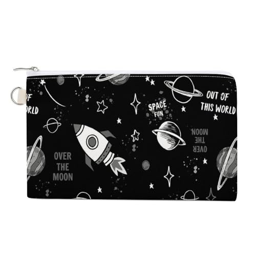 Weiche Clutch, Damenhandtasche, Canvas, Reißverschluss, Make-up-Tasche, Geldbörse für Kreditkarten, Münzen, Scheine, Crash, 19,8 x 11,7 cm, Aufdruck „Space Doodle Cartoon, Weltraumraketen, Planeten, von Anceky