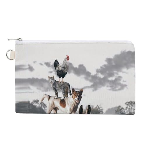 Weiche Clutch, Damenhandtasche aus Segeltuch mit Reißverschluss, Kosmetiktasche, Geldbörse für Kredit, Münzen und Scheine, 19,8 x 11,7 cm, Aufdruck: Naturlandschaft, Hund, Katze, Hahn, Esel, Nutztier von Anceky